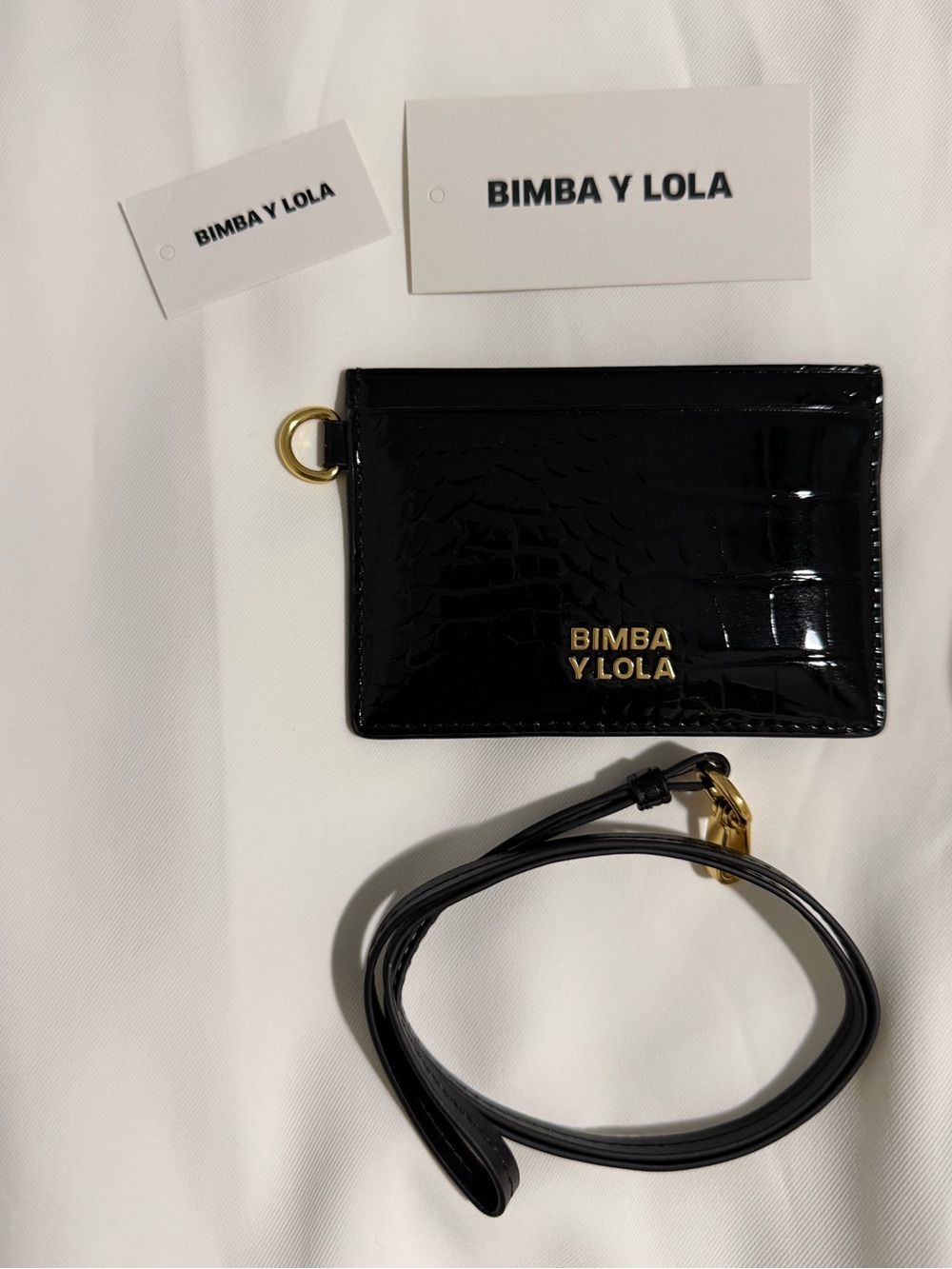 Bimba y Lola Black Croc-Embossed Card Holder with Strap